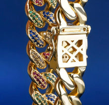 Load image into Gallery viewer, 12mm 14k Gold Multi-Colored Iced Cuban Link Bracelet