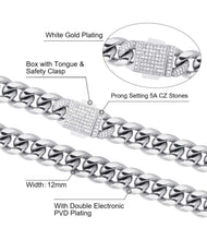 Load image into Gallery viewer, 12mm White Gold Iced Out Box Clasp Miami Cuban Link Bracelet