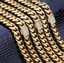 Load image into Gallery viewer, 18mm 14k Gold Iced Box Clasp Cuban Link Chain in 18K Gold