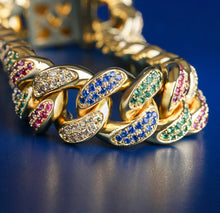 Load image into Gallery viewer, 12mm 14k Gold Multi-Colored Iced Cuban Link Bracelet