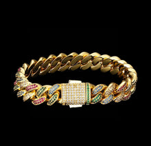 Load image into Gallery viewer, 12mm 14k Gold Multi-Colored Iced Cuban Link Bracelet