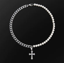 Load image into Gallery viewer, 10mm Cuban Link Pearl Necklace  Gold With Iced Out Cross Pendant
