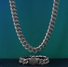 Load image into Gallery viewer, 12mm Black Iced Out Cuban Link Chain and Bracelet Set
