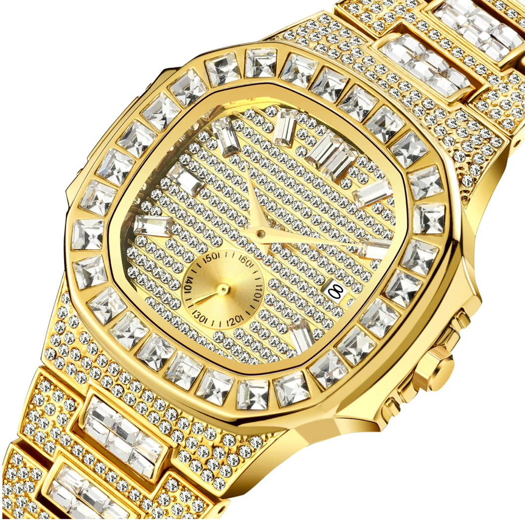 Iced Out 18k Gold Baguette Face Watch