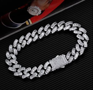 12mm White Gold Baguette CZ Cuban Link Bracelet