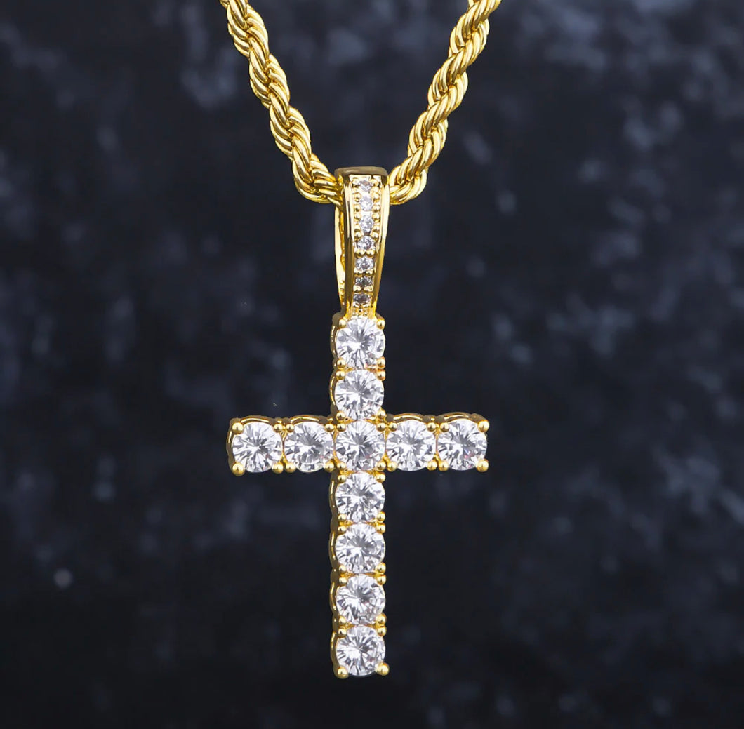 14k Gold 4mm Tennis Chain  with Iced Out Cross Pendant