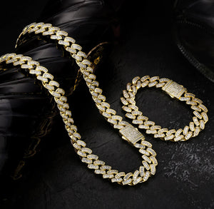 12mm 14k Gold Baguette Cuban Link Chain and Bracelet Set