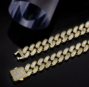 12mm 14k Gold Baguette Cuban Link Chain and Bracelet Set