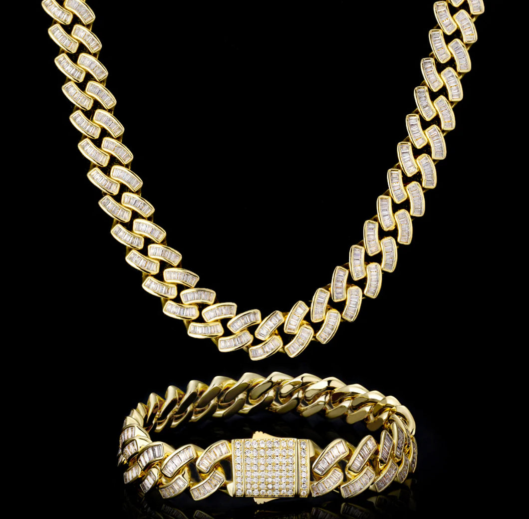 12mm 14k Gold Baguette Cuban Link Chain and Bracelet Set