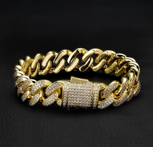 12mm 14k Gold Iced Out Cuban Link Bracelet