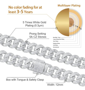 12mm Box Clasp White Gold Cuban Link Chain Necklace