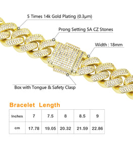 18mm 14k Gold Iced Out Cuban Link Bracelet