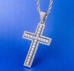 Iced Out White Gold Cross Necklace with Double-Layered Cross Pendant