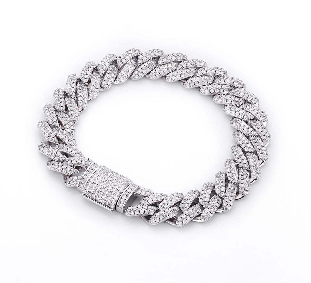 12mm White Gold Moissanite Cuban Link Chain Bracelet