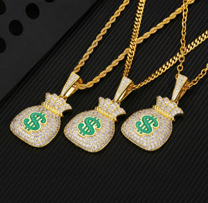 14k Gold Iced Out Money Bag Pendant