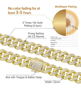 12mm 14k Gold Iced Out Cuban Link Bracelet