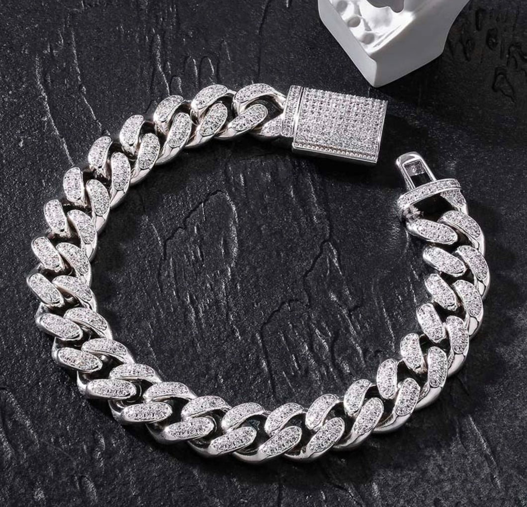 12mm White Gold Iced Out Cuban Link Bracelet