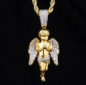 14k Gold Iced Out Angel Pendant