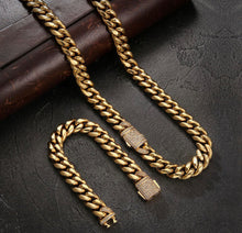 Load image into Gallery viewer, 18K Gold 12mm Iced Out Clasp Cuban Link Chain and Bracelet Set
