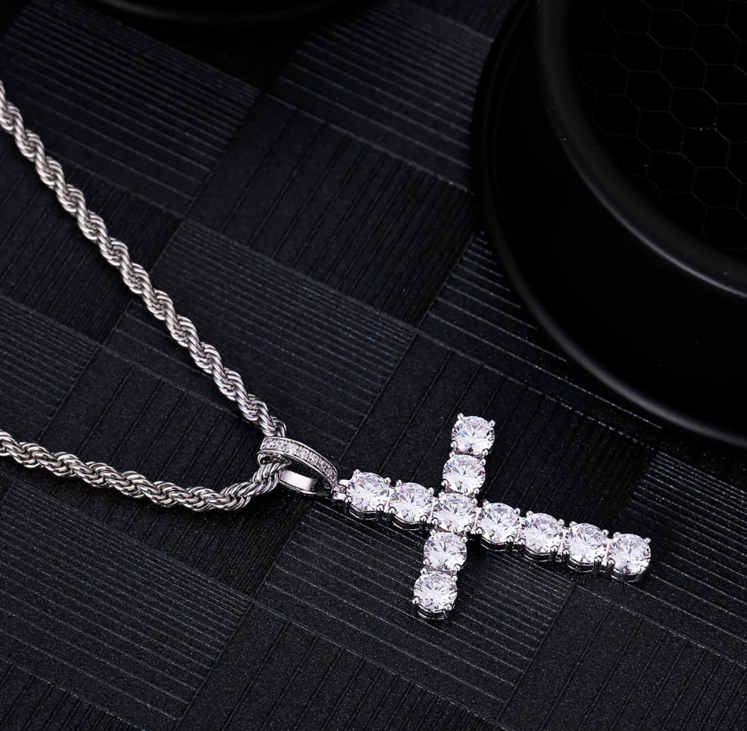 White Gold 4mm Tennis Chain With Iced Out Cross Pendant