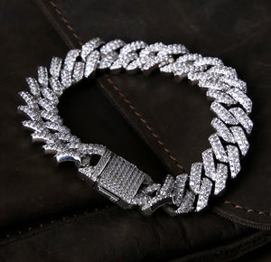 15mm Iced Out Prong Link Mens Cuban Link Bracelet in 14K White Gold