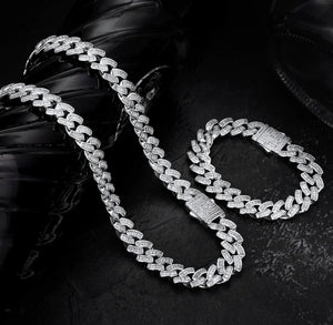 12mm White Gold Baguette Cuban Link Chain and Bracelet Set