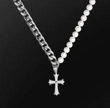 Load image into Gallery viewer, 10mm Cuban Link Pearl Necklace  Gold With Iced Out Cross Pendant
