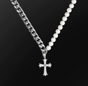 10mm Cuban Link Pearl Necklace  Gold With Iced Out Cross Pendant