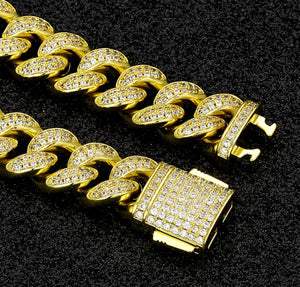 12mm 14k Gold Iced Out Cuban Link Bracelet