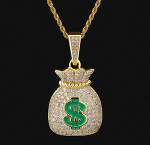 14k Gold Iced Out Money Bag Pendant