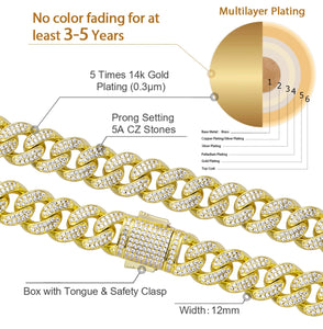 12mm 14k Gold Box Clasp Iced Cuban Link Chain Necklace in 14K Gold