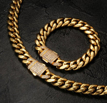 Load image into Gallery viewer, 18K Gold 12mm Iced Out Clasp Cuban Link Chain and Bracelet Set
