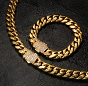 18K Gold 12mm Iced Out Clasp Cuban Link Chain and Bracelet Set