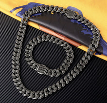 Load image into Gallery viewer, 12mm Black Iced Out Cuban Link Chain and Bracelet Set
