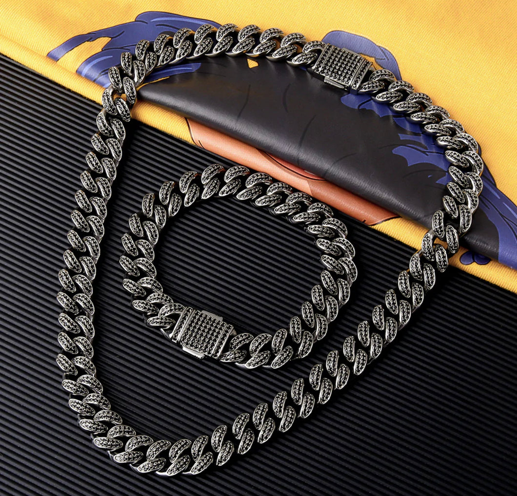 12mm Black Iced Out Cuban Link Chain and Bracelet Set