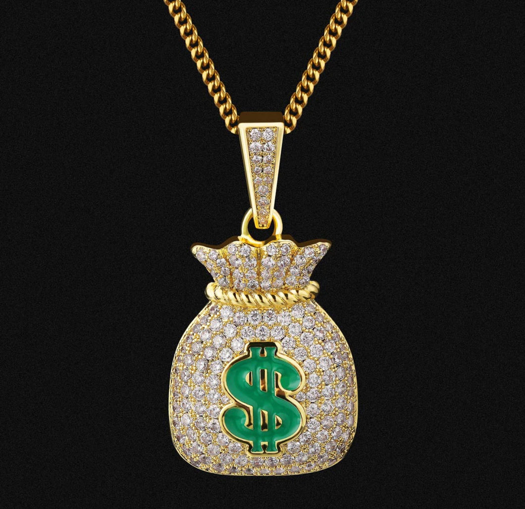 14k Gold Iced Out Money Bag Pendant