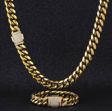 Load image into Gallery viewer, 18K Gold 12mm Iced Out Clasp Cuban Link Chain and Bracelet Set
