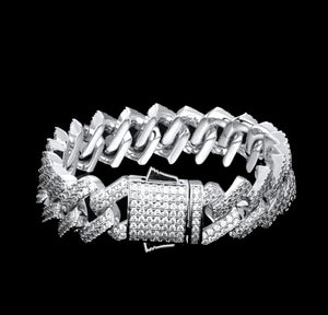 15mm Iced Out Prong Link Mens Cuban Link Bracelet in 14K White Gold