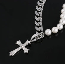 Load image into Gallery viewer, 10mm Cuban Link Pearl Necklace  Gold With Iced Out Cross Pendant
