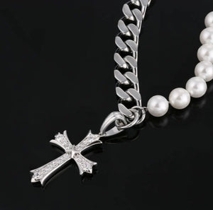 10mm Cuban Link Pearl Necklace  Gold With Iced Out Cross Pendant