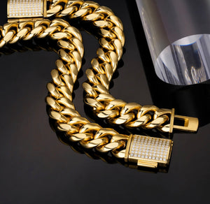 18mm 18k Gold Iced Out Box Clasp Miami Cuban Link Bracelet