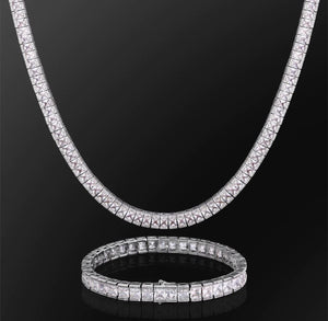 7mm White Gold Princess Cut Baguette Tennis Chain Necklace and 8mm White Gold Tennis Bracelet Set