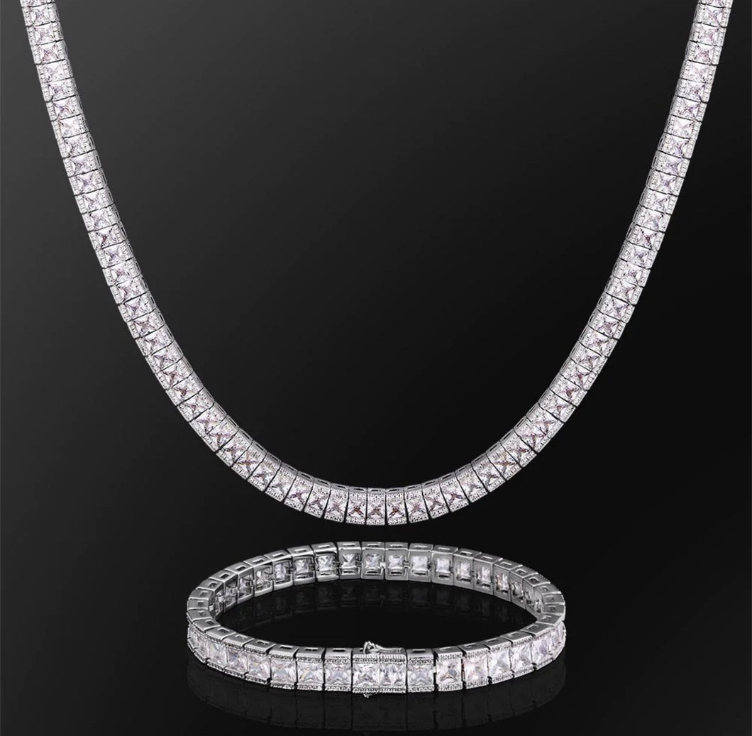 7mm White Gold Princess Cut Baguette Tennis Chain Necklace and 8mm White Gold Tennis Bracelet Set