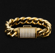 Load image into Gallery viewer, 18mm 18k Gold Iced Out Box Clasp Miami Cuban Link Bracelet
