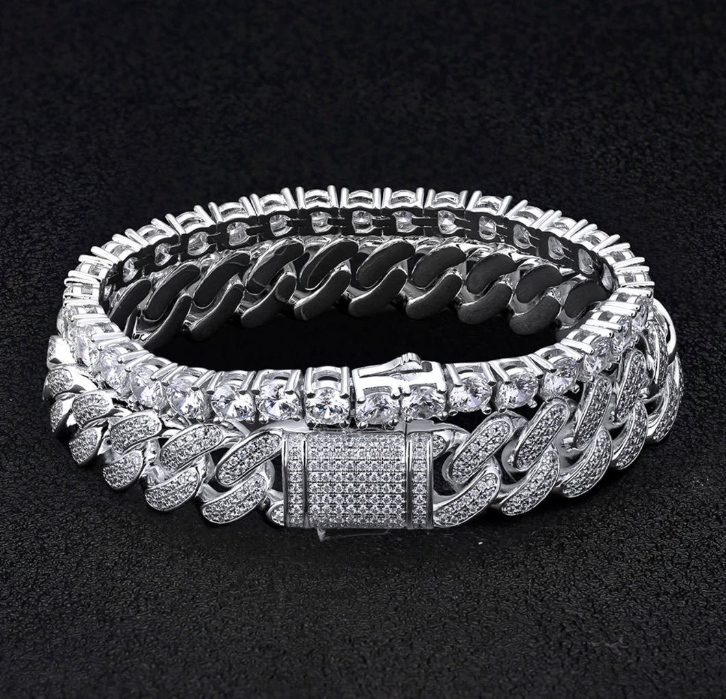 5mm White Gold Tennis and 12mm Cuban Link Bracelet Set