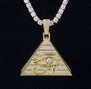 14k Gold Iced Out Eye of Horus Pyramid Pendant