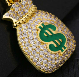 14k Gold Iced Out Money Bag Pendant