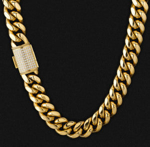 18mm 14k Gold Iced Box Clasp Cuban Link Chain in 18K Gold