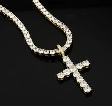 Load image into Gallery viewer, 14k Gold 4mm Tennis Chain  with Iced Out Cross Pendant
