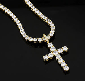 14k Gold 4mm Tennis Chain  with Iced Out Cross Pendant